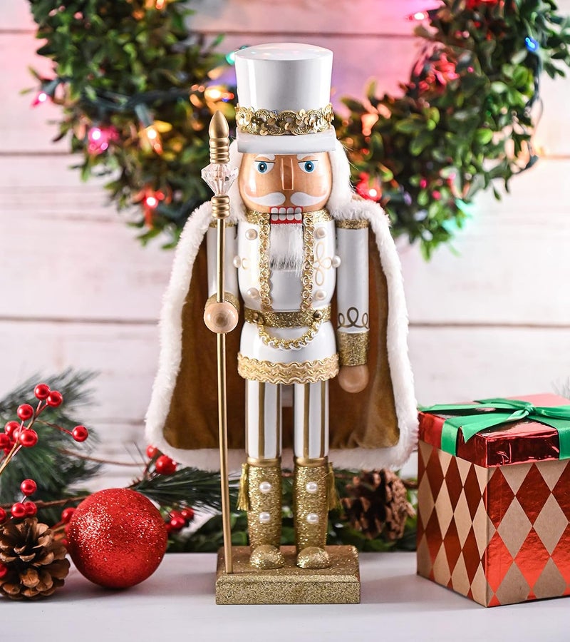 Ornativity Christmas Gold King Nutcracker – Gold and White Glittered Wooden Nutcracker Man Fur Cape and Staff in Hand Xmas Themed Holiday Nut Cracker Doll Figure Decorations 14" - Image 1